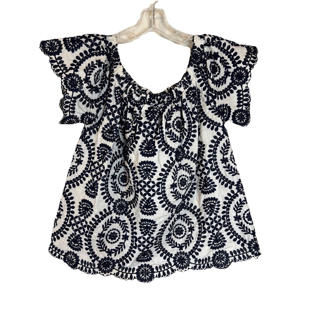 Entro White Navy Blue Embroidered Off Shoulder Blouse Top Boho Resortwear Small
